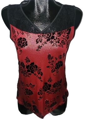 Champagne By Le Grenier Red Floral Velvet Print Lace Yoke Sleeveless Top XS